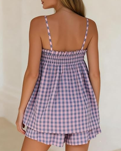 Breathable Plaid Cotton Linen Camisole Shorts Pajama Set