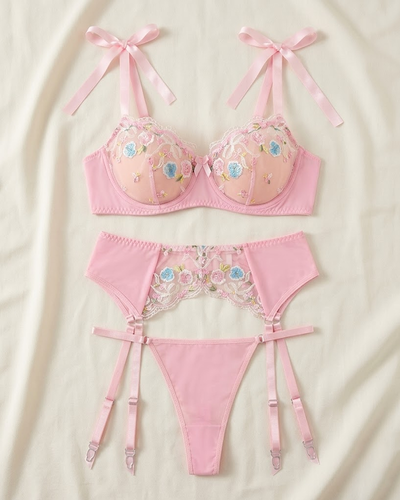 Pink Ribbon Bow Strap Floral Lace Lingerie Set with Fishnet Stockings