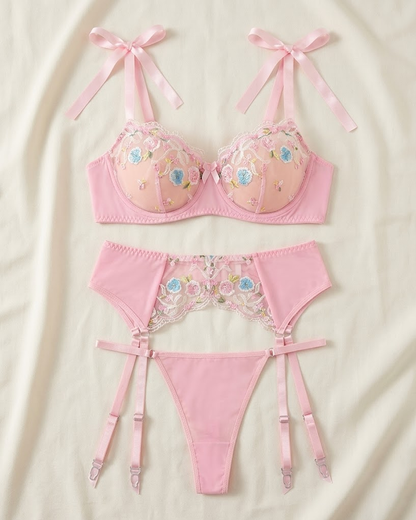 Pink Ribbon Bow Strap Floral Lace Lingerie Set with Fishnet Stockings