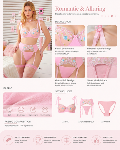 Pink Ribbon Bow Strap Floral Lace Lingerie Set with Fishnet Stockings