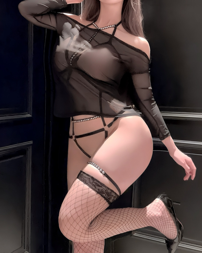 Sexy Sheer Mesh Strappy Lingerie Set with Fishnet Stockings