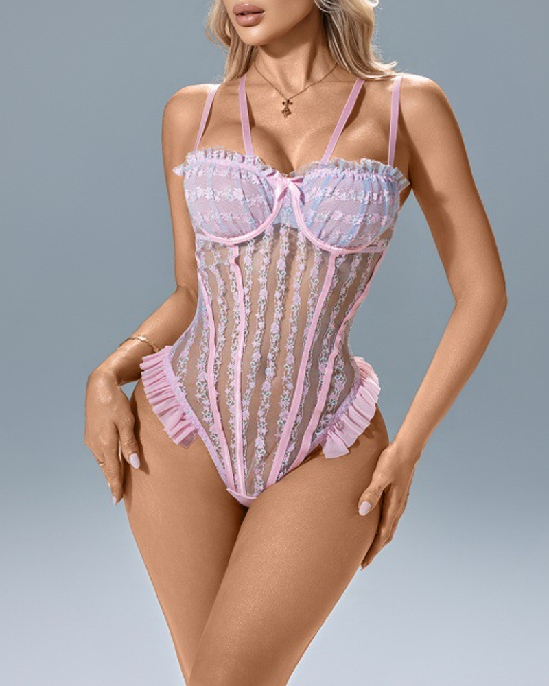 Pink Ruffle Lace Bodysuit Lingerie
