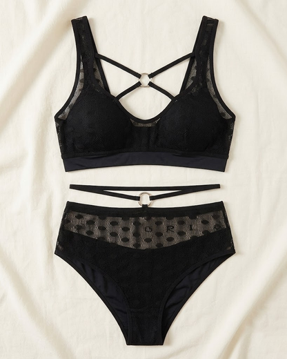 Plus Size Strappy Polka Dot Mesh Cutout Lingerie Set