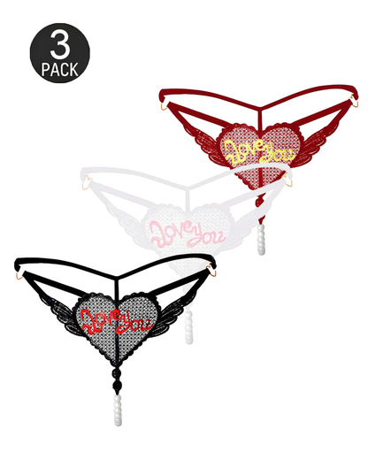 Heart Pearl Sheer Jacquard Embroidered Thong