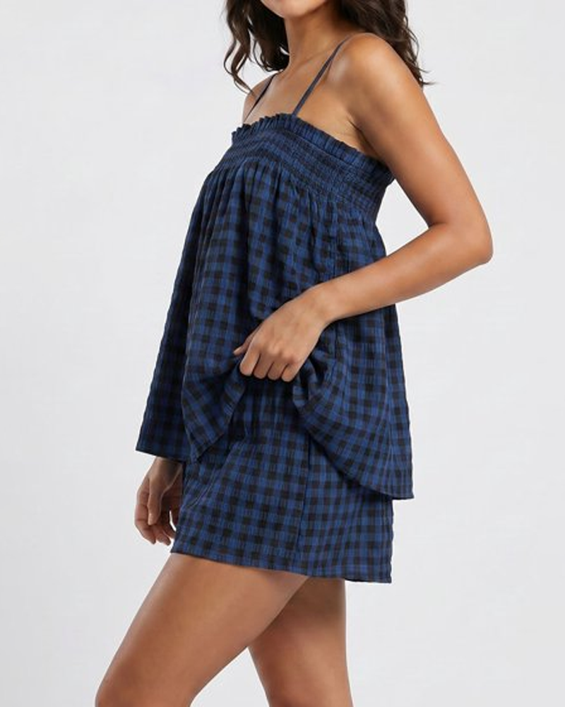Breathable Plaid Cotton Linen Camisole Shorts Pajama Set
