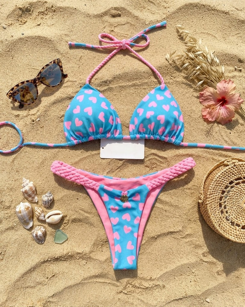 Color-Block Print Bikini Swimsuit with Braided Straps