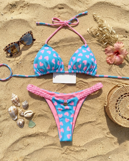 Color-Block Print Bikini Swimsuit with Braided Straps