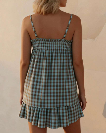 Breathable Plaid Cotton Linen Camisole Shorts Pajama Set