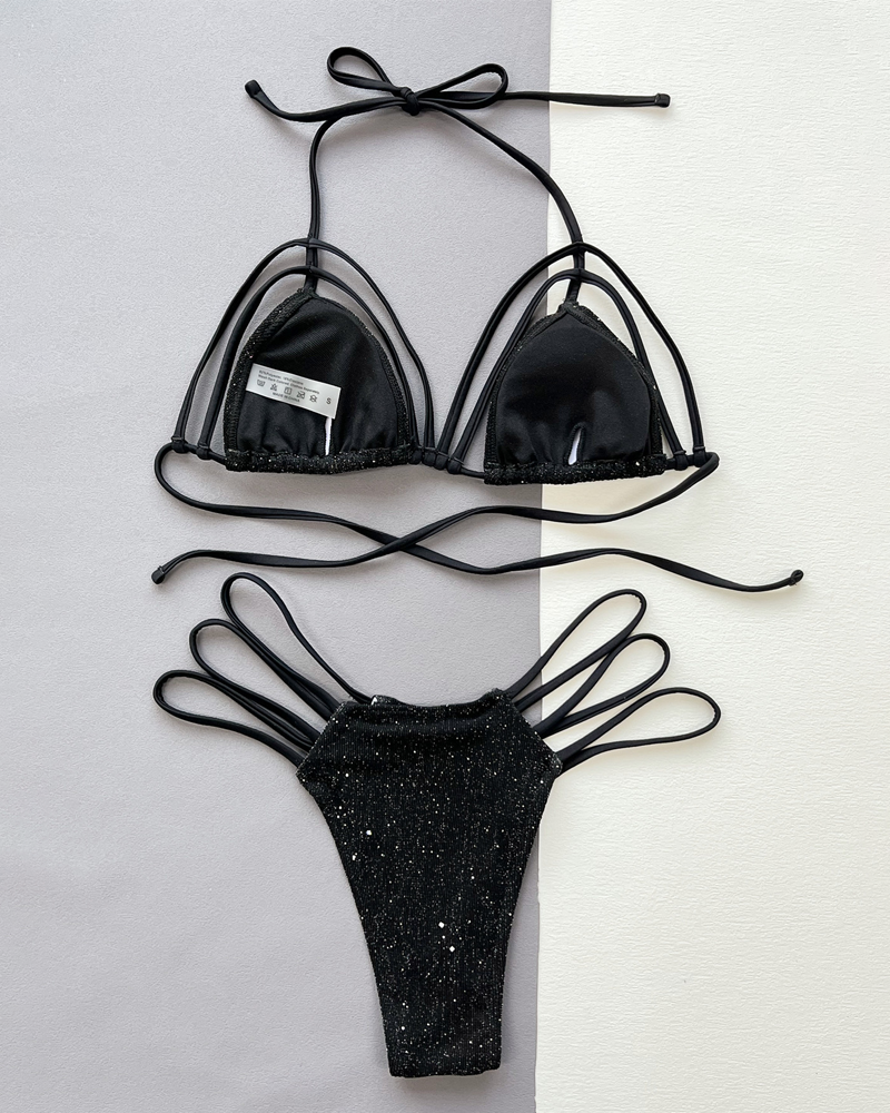 Lace-up Solid Color Shimmer Fabric Two-Piece Bikini