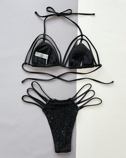 Lace-up Solid Color Shimmer Fabric Two-Piece Bikini