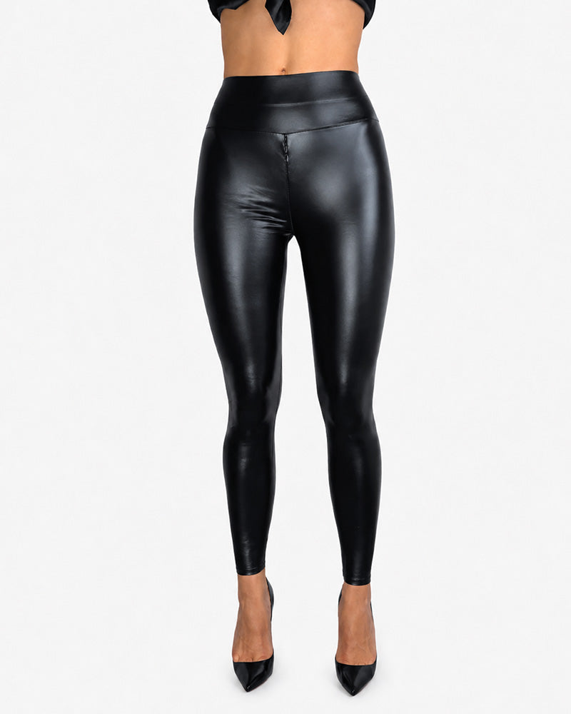 Mid Waist Concealed Zipper Glossy Leather Leggings