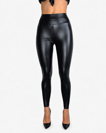 Mid Waist Concealed Zipper Glossy Leather Leggings