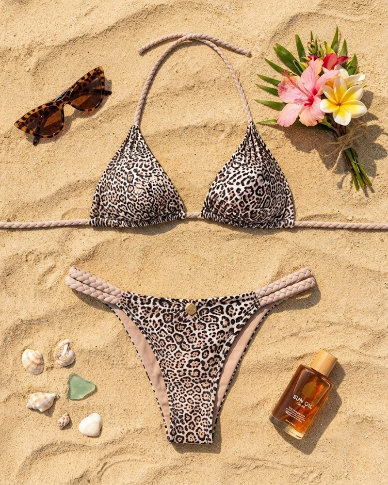 Color-Block Print Bikini Swimsuit with Braided Straps