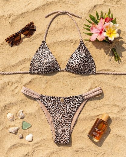 Color-Block Print Bikini Swimsuit with Braided Straps
