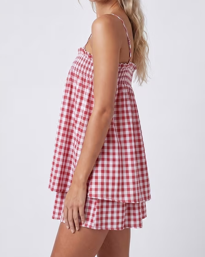 Breathable Plaid Cotton Linen Camisole Shorts Pajama Set