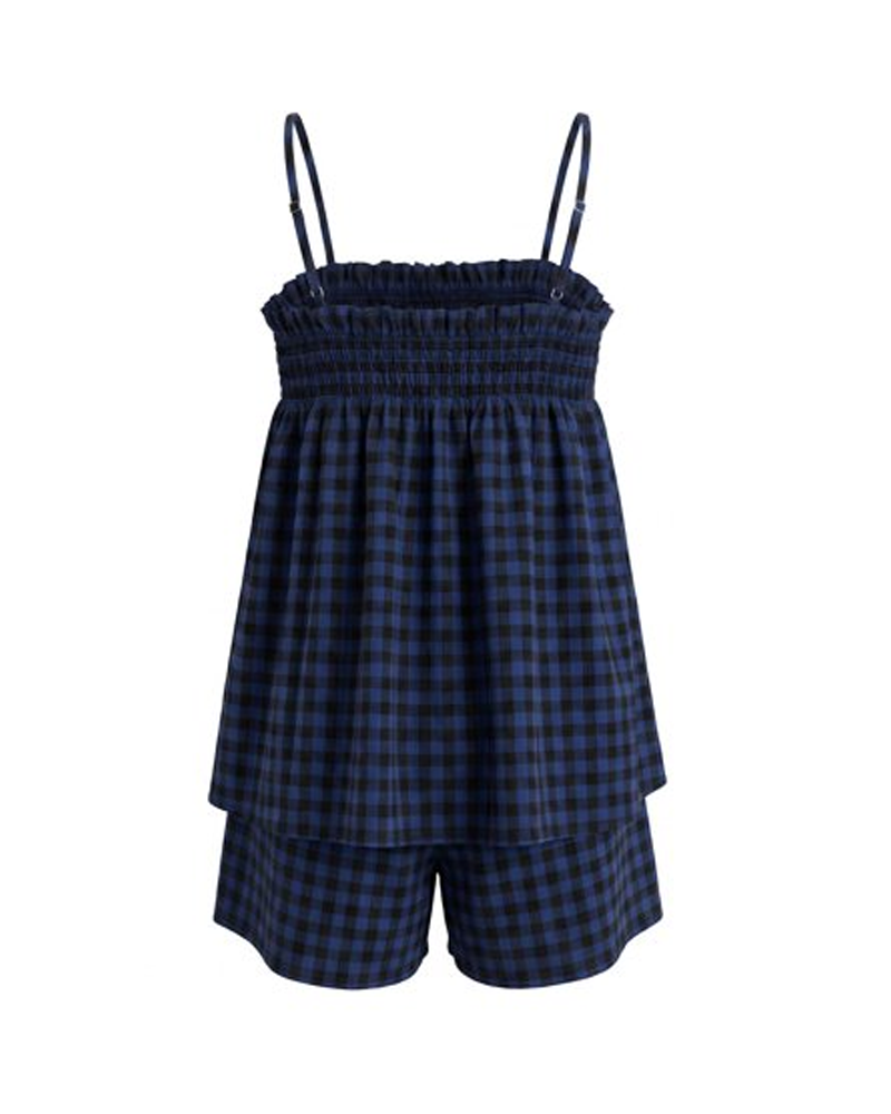 Breathable Plaid Cotton Linen Camisole Shorts Pajama Set