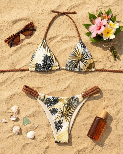 Color-Block Print Bikini Swimsuit with Braided Straps