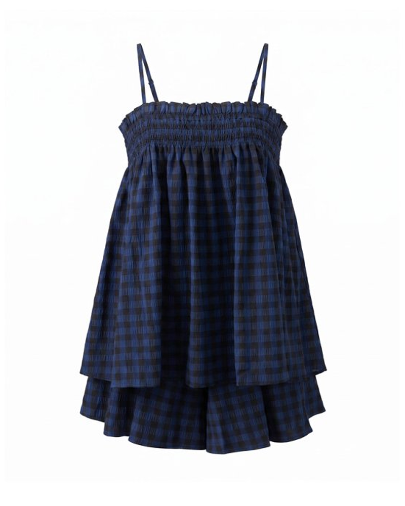 Breathable Plaid Cotton Linen Camisole Shorts Pajama Set
