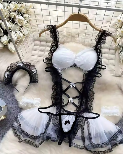 Sexy Maid Style Lace Trim Hollow-Out Bodysuit