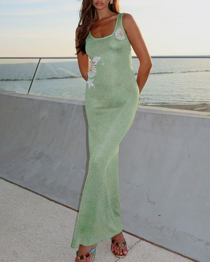 Vacation Style Crew Neck Sleeveless Knit Bodycon Dress