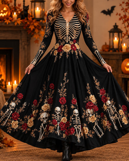 Halloween Cosplay Retro Print Long Sleeve Dress