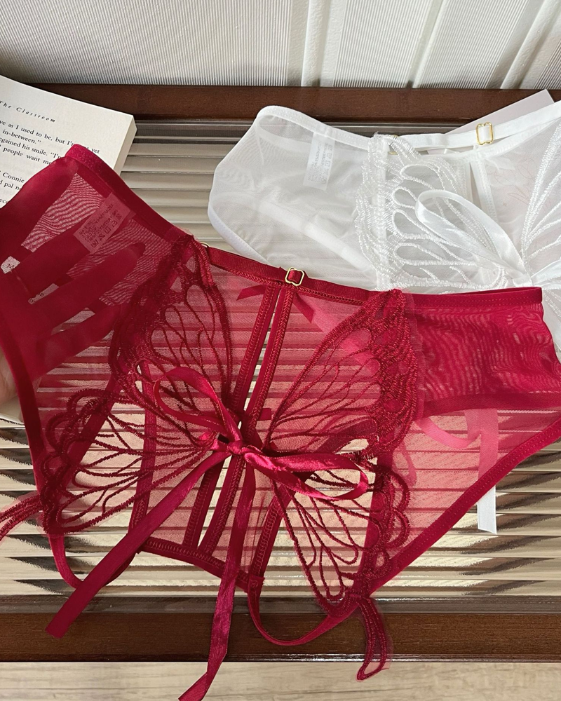 Low-Waist Butterfly Bow Lace Mesh Thong Panty