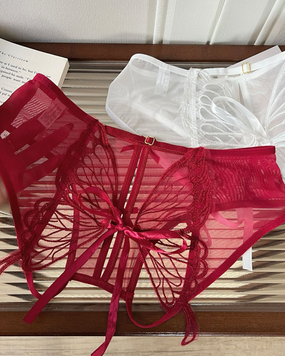 Low-Waist Butterfly Bow Lace Mesh Thong Panty
