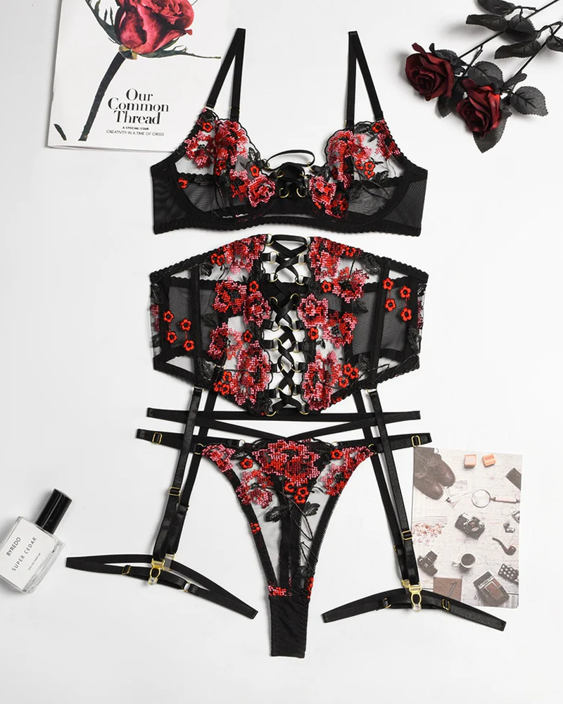 Sexy Rose Embroidered Lace Corset Waist Cincher Lingerie Set