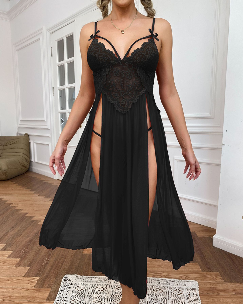 Sexy Sheer Mesh Deep V-Neck Lace Side Slit Slip Dress