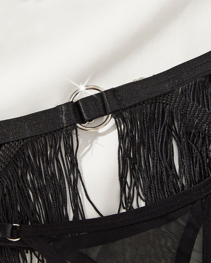 Women’s Sexy Tassel Mesh Sheer Hollow-Out Lingerie Set