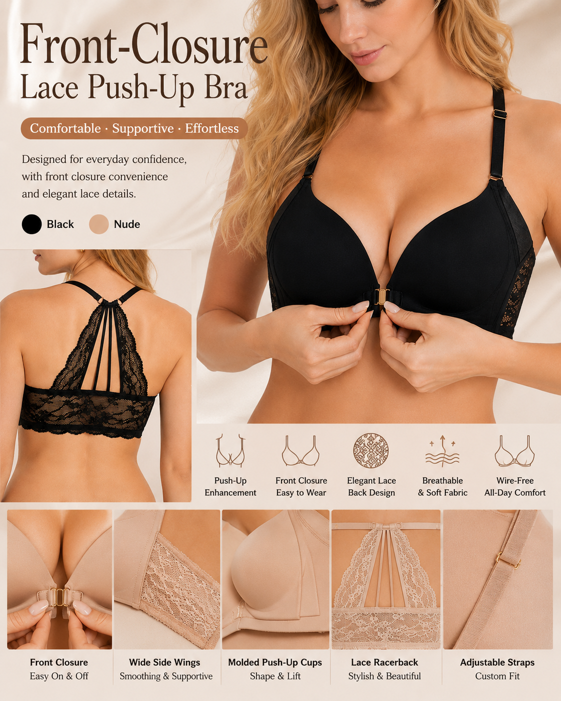 Sexy Front Closure Seamless Wire-Free Push-Up Lace Back Bra