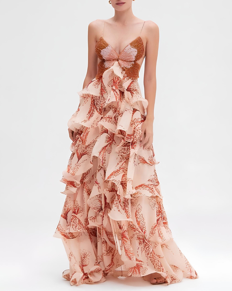 Bohemian Print Ruffle V-Neck Spaghetti Strap Maxi Dress
