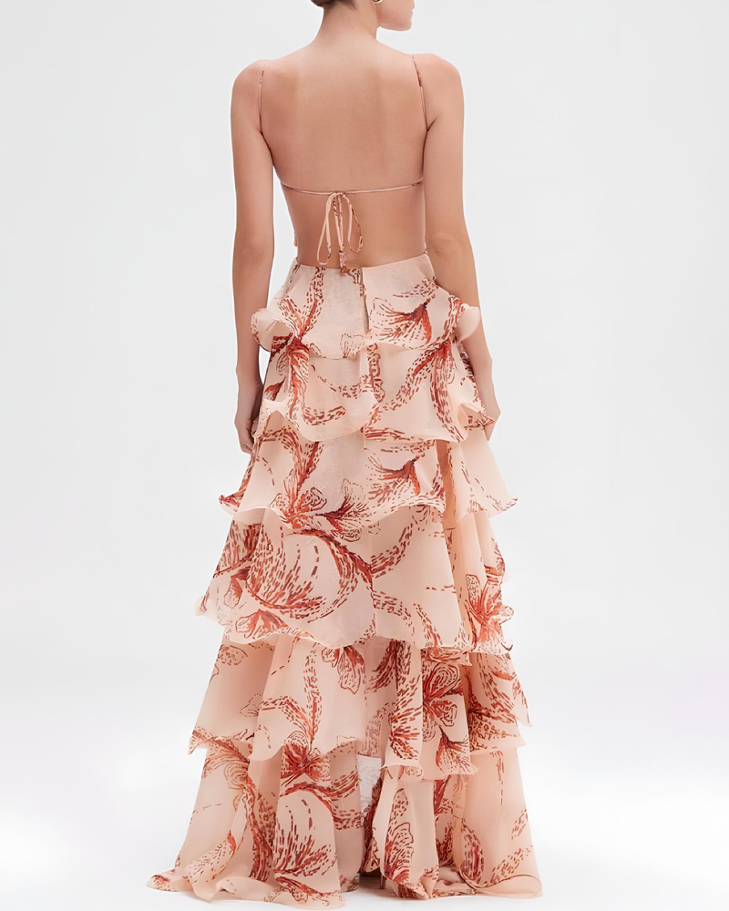 Bohemian Print Ruffle V-Neck Spaghetti Strap Maxi Dress