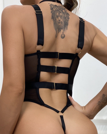 Sexy Mesh Halter Backless Strappy Push-Up Teddy Bodysuit