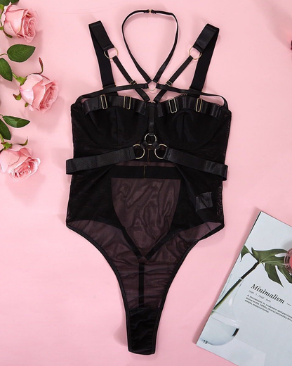 Sexy Mesh Halter Backless Strappy Push-Up Teddy Bodysuit