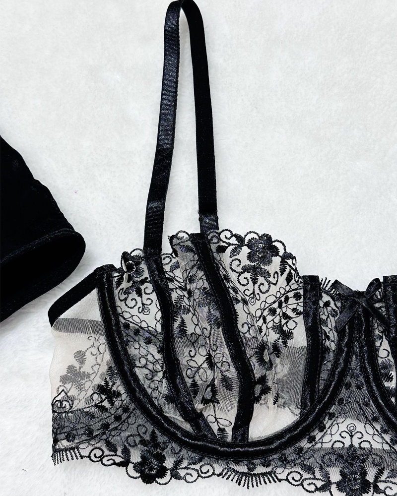 Sexy Floral Embroidery Sheer Mesh Lingerie Set