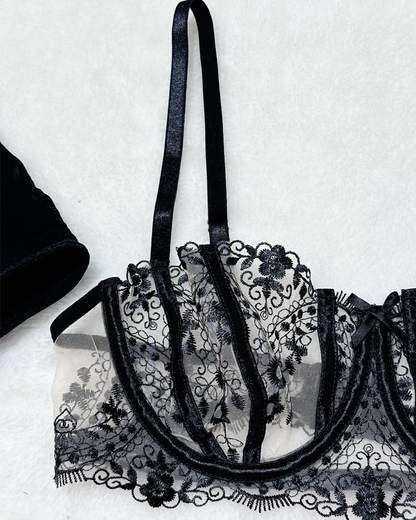 Sexy Floral Embroidery Sheer Mesh Lingerie Set