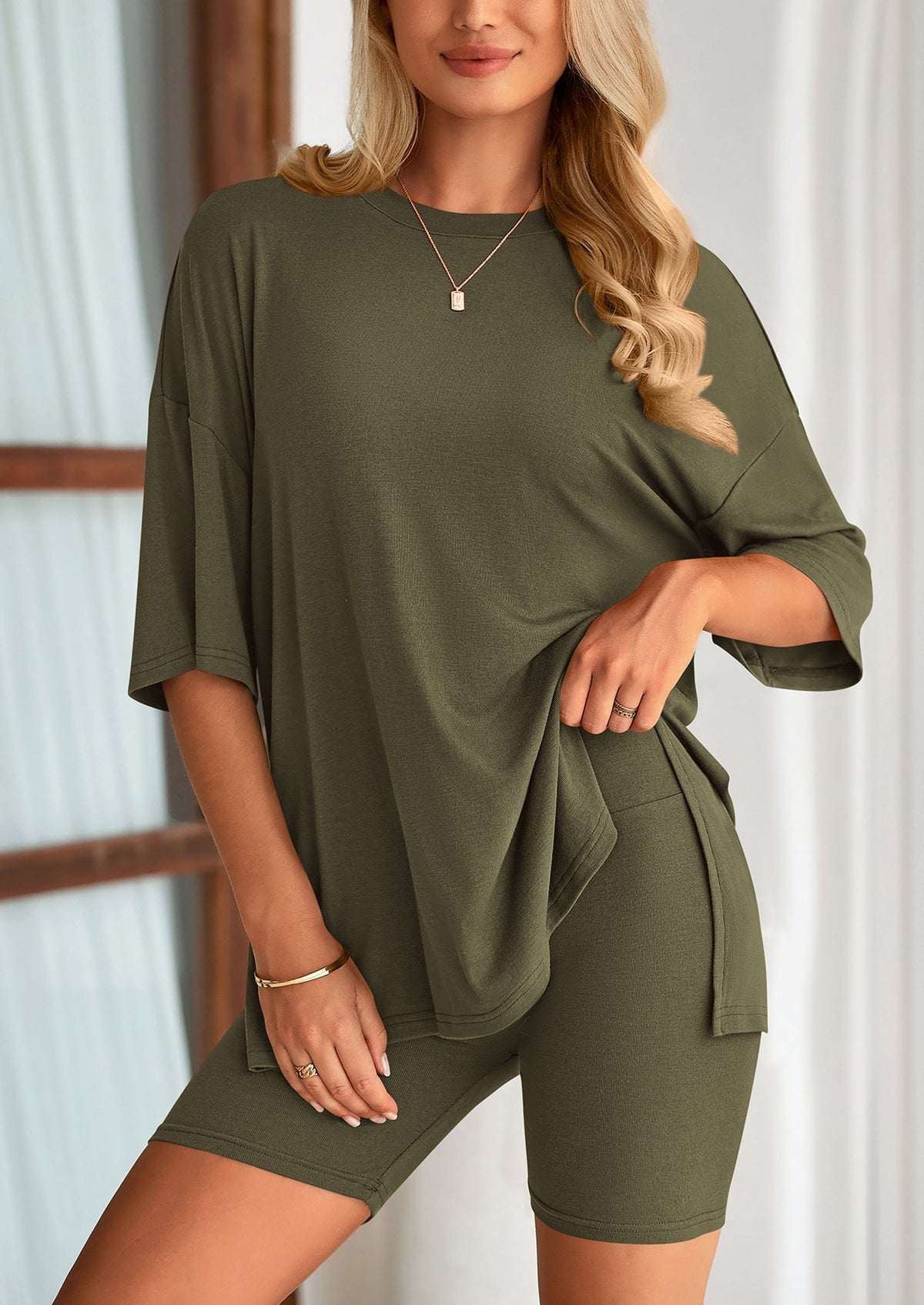 Women's Two-Piece Casual Sports Loose Shirt Cycling Shorts Suit