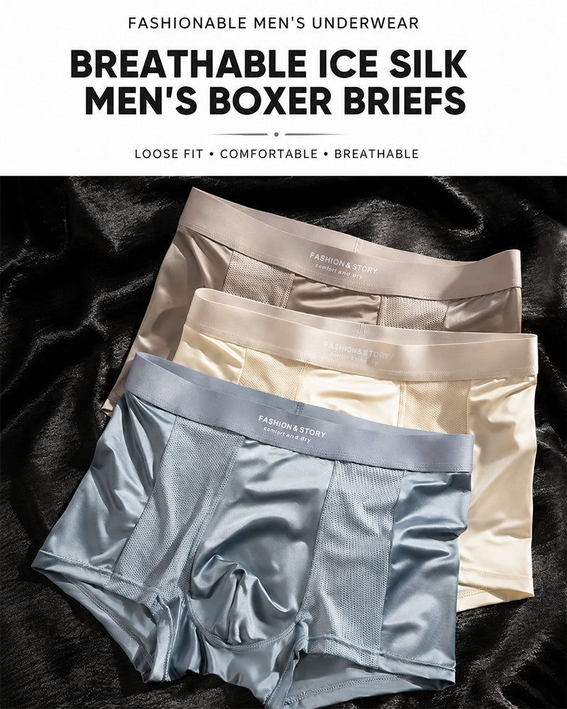 3-Pack Men's Satin Cool-Feel Ice Silk Breathable Mesh Boxer Briefs
