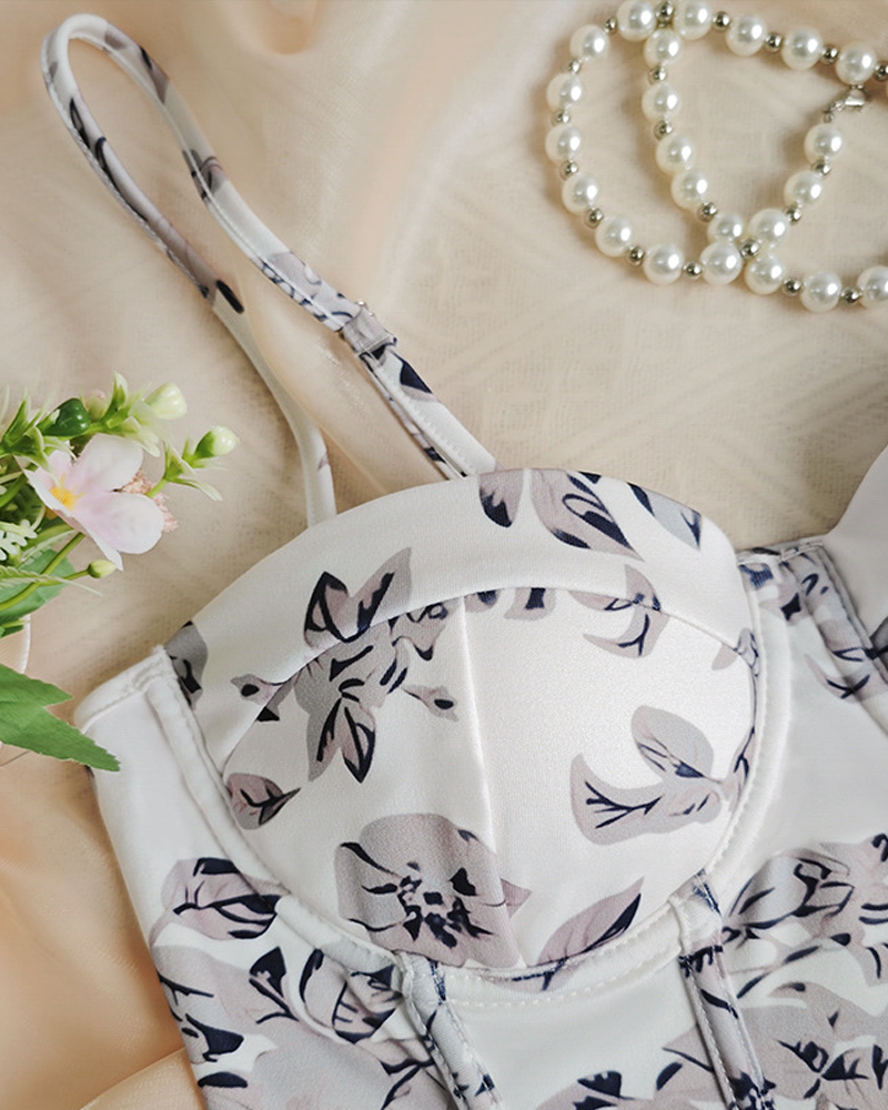 Women's Floral Print Corset Bodysuit Structured Cup High-Cut Adjustable Strap Lingerie Top