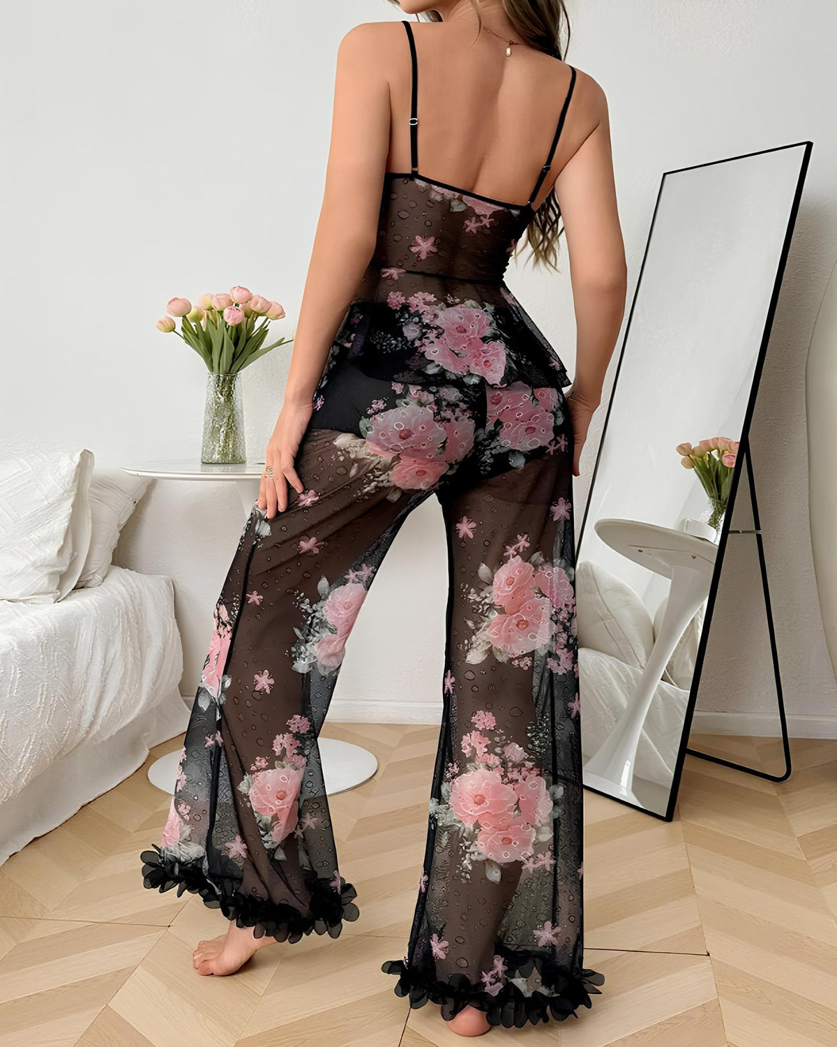 Sexy Floral Mesh See-through Ruffled Camisole and Trousers Pajama Set