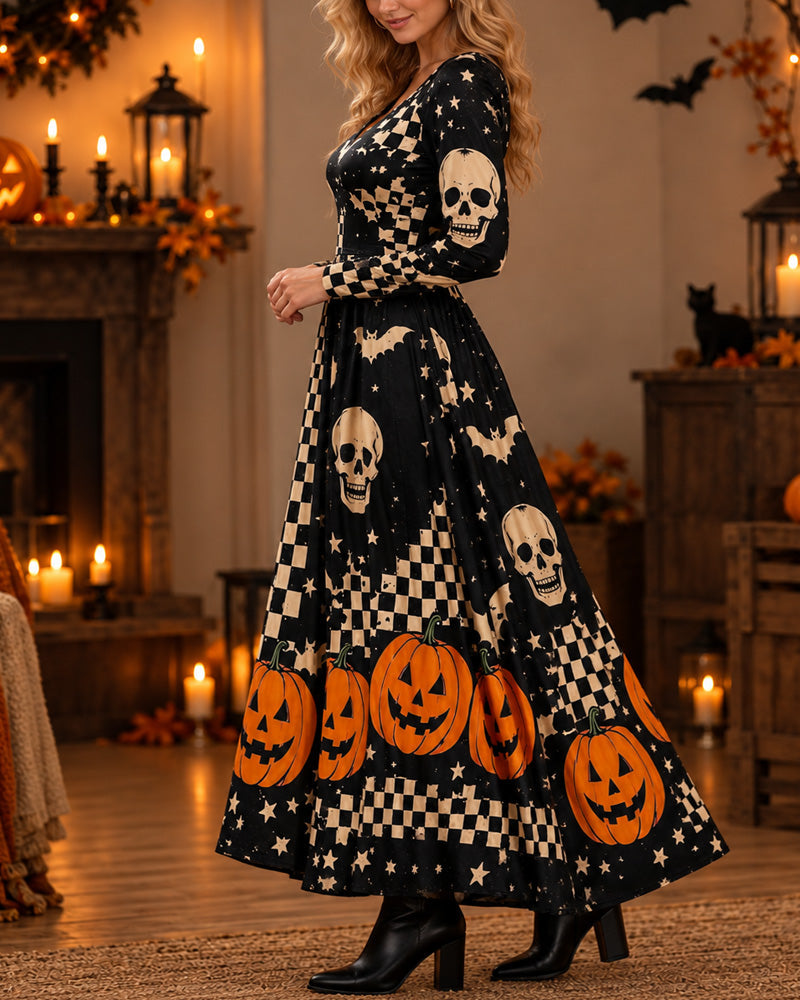 Halloween Cosplay Retro Print Long Sleeve Dress