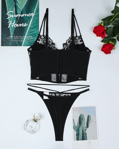 Luxury Floral Embroidered Crisscross Strap Lingerie Set