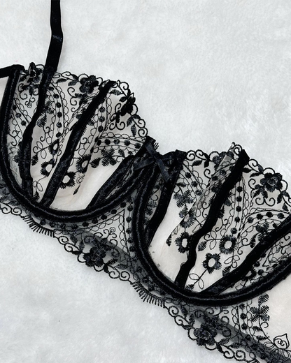 Sexy Floral Embroidery Sheer Mesh Lingerie Set