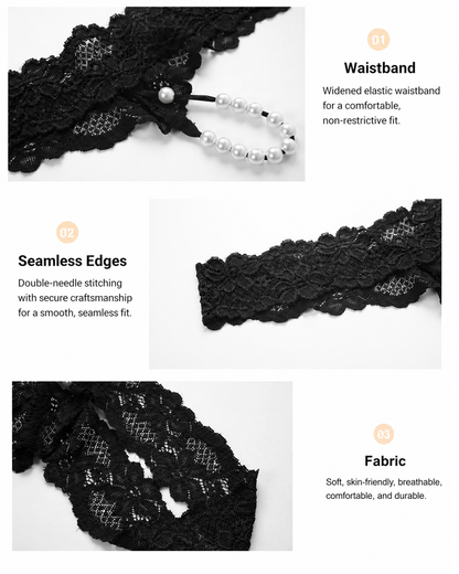 Pearl Decor See-Through Lace Thong