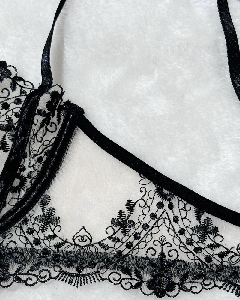Sexy Floral Embroidery Sheer Mesh Lingerie Set