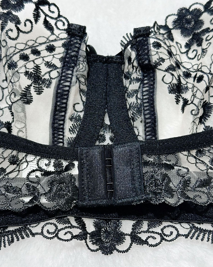 Sexy Floral Embroidery Sheer Mesh Lingerie Set