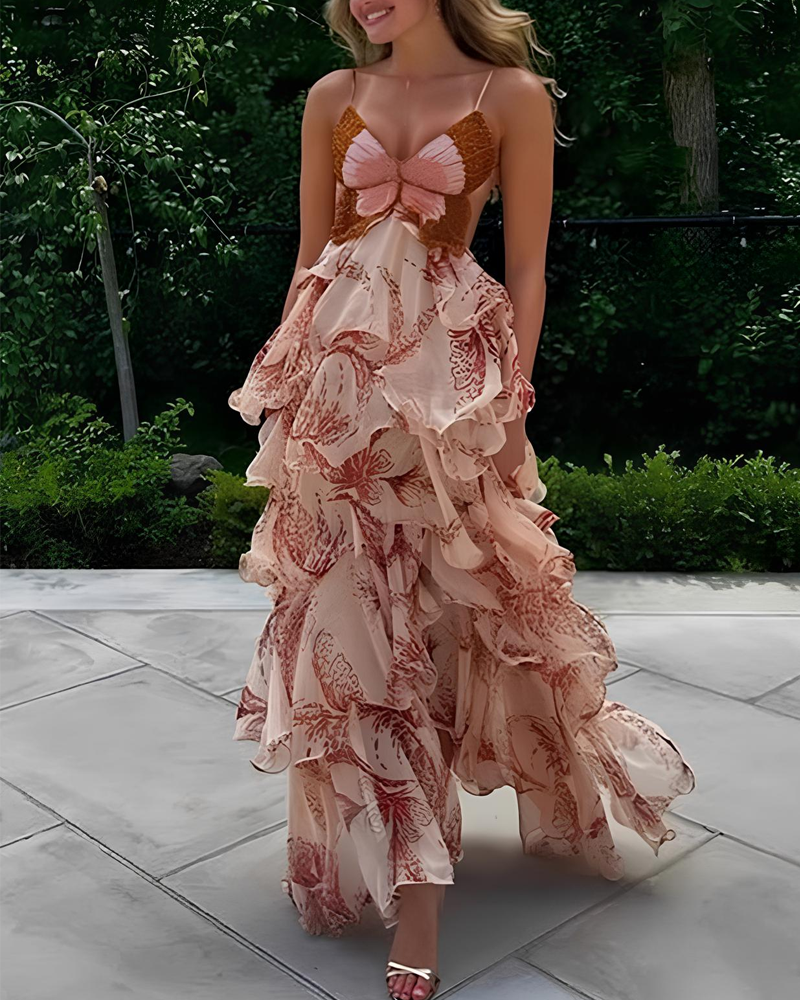 Bohemian Print Ruffle V-Neck Spaghetti Strap Maxi Dress