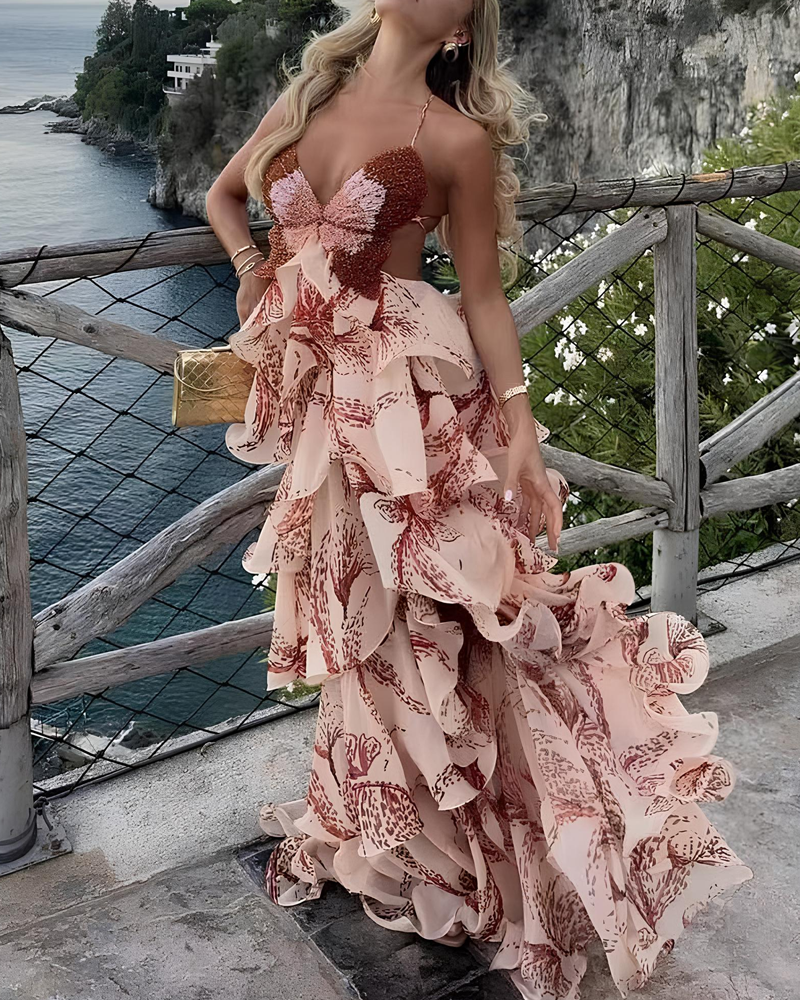 Bohemian Print Ruffle V-Neck Spaghetti Strap Maxi Dress