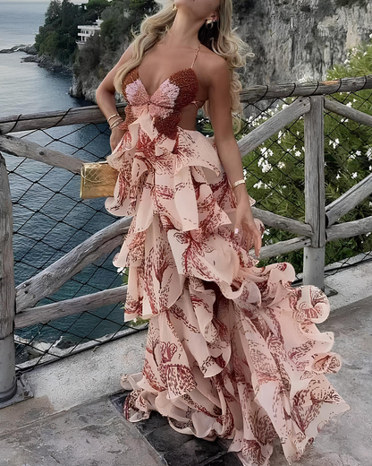 Bohemian Print Ruffle V-Neck Spaghetti Strap Maxi Dress